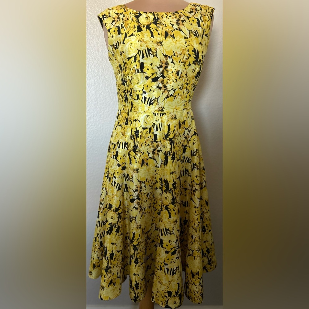 Julian Taylor Yellow and Black Floral Midi Dress